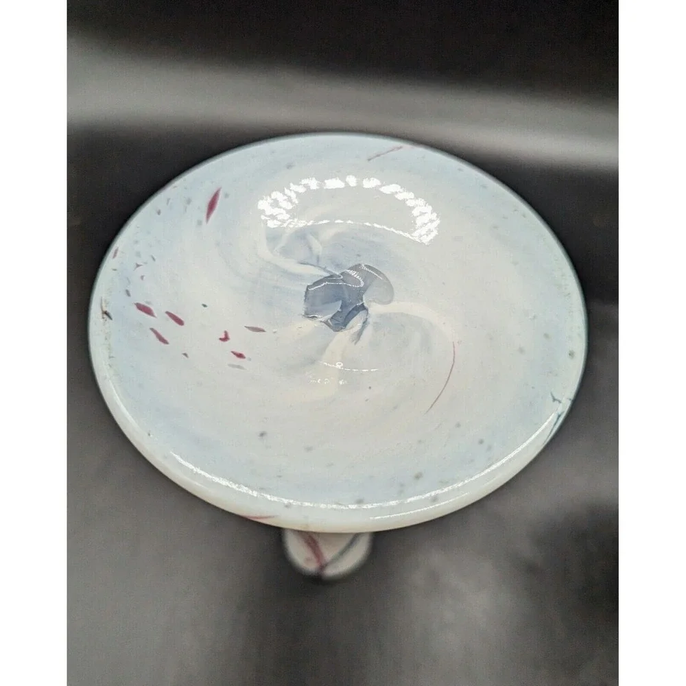 Vintage Hand Blown Art Glass Candle Holder Candlestick Signed White Pink